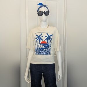 Cream Tee Blue Coastal Print 100% Cotton S